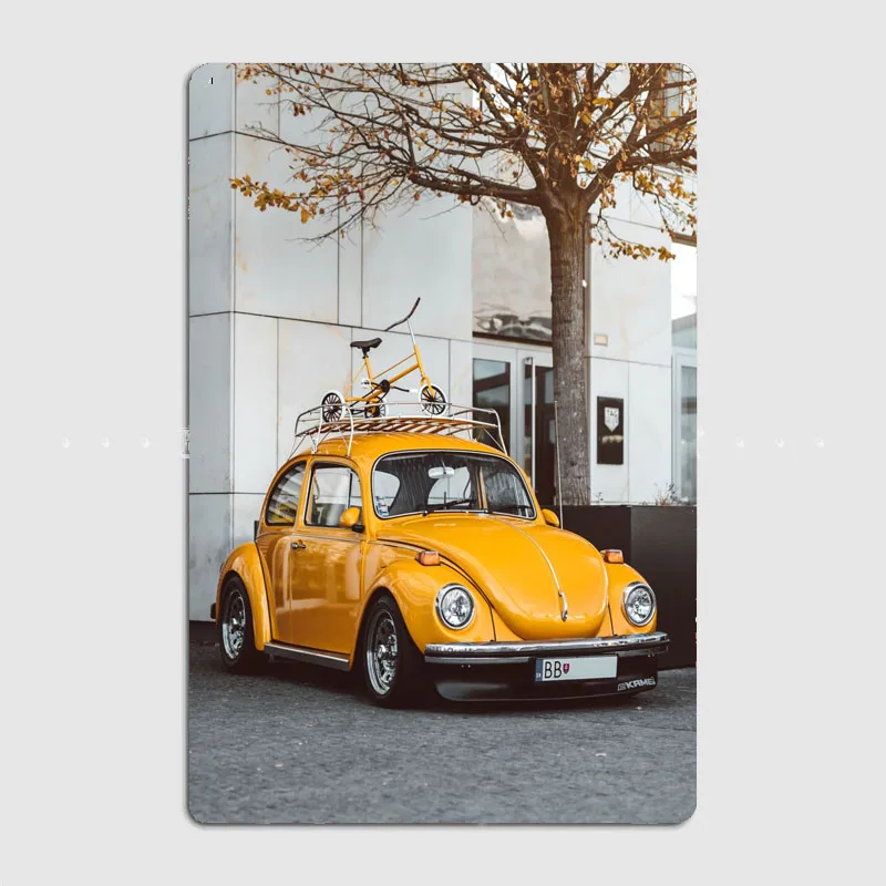 Yellow VW Beetle Compact Car Retro Classic Car Metal Poster Sign Custom Tin Wall Decor Club Garage Drawing Room Decor Home Decor