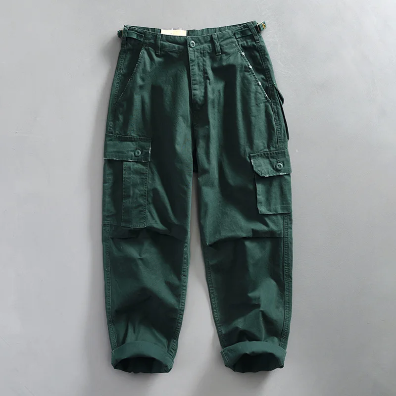 

Men's Workwear Casual Pants Streetwear Sold Color Pure Cotton Straight Loose Overalls Trousers With Multiple Pockets 3Colors