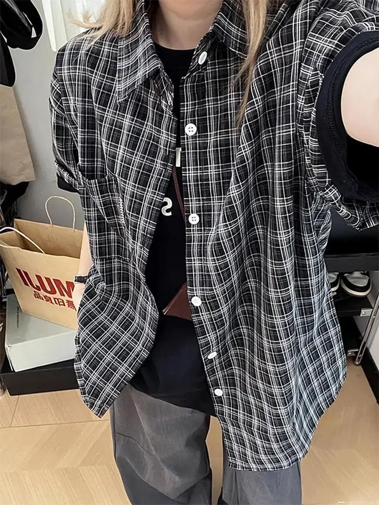 

Retro American Bla White Plaid ort Sve irt Lightweight Summer Men's Women's Youthful Sle Sun Protection Outerwear