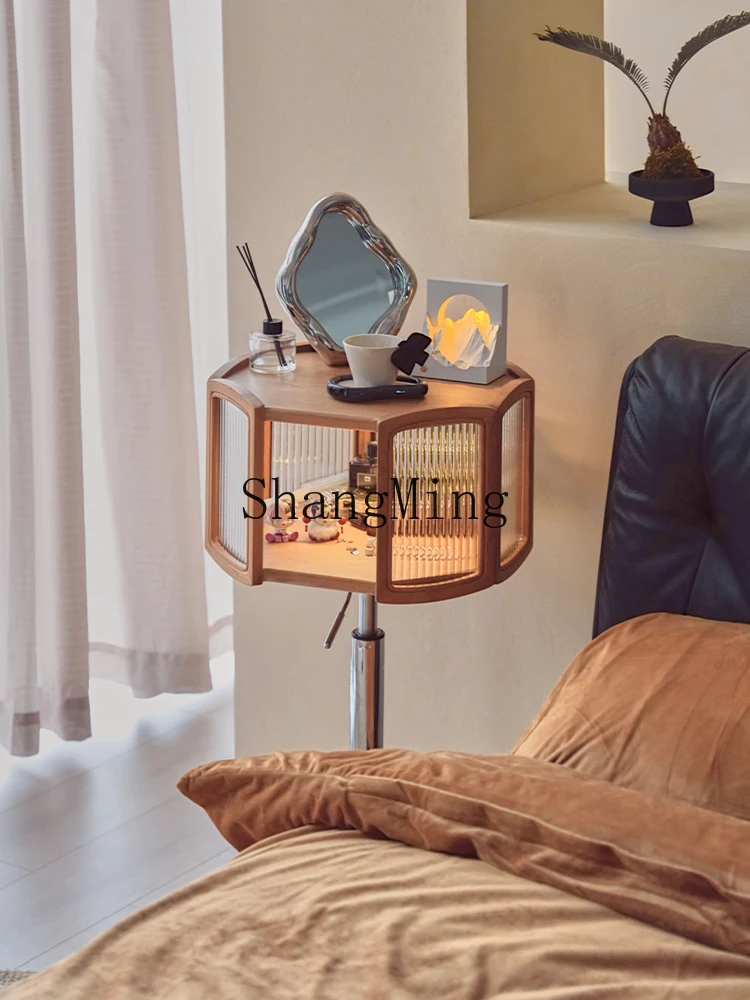 CL  solid wood movable sofa side with wheels can be lifted glass storage display cabinet bedside table