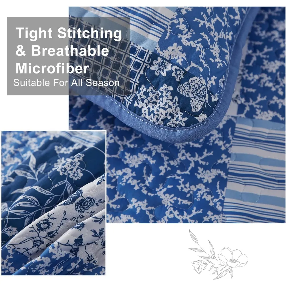 طقم لحاف منقوش عليه زهور بوهو أزرق مقاس كوين، غطاء سرير قابل للعكس مكون من 3 قطع لجميع المواسم #3