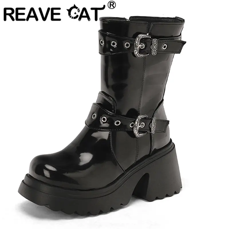 

REAVE CAT Design Блестящие женские ботинки до середины икры с круглым носком на массивном каблуке 8,5 см, платформа 3,5 см, пряжки на молнии, большие размеры 43 44 45