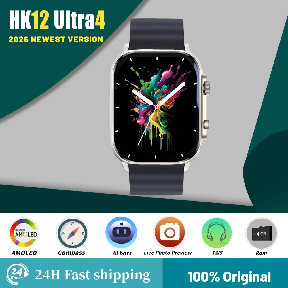 2026 New HK12 Ultra4 Original Smartwatch 4GB Storage WhatsApp Replies AI Robot AMOLED NFC Compass GPS 3D Menu Men's Sports Watch