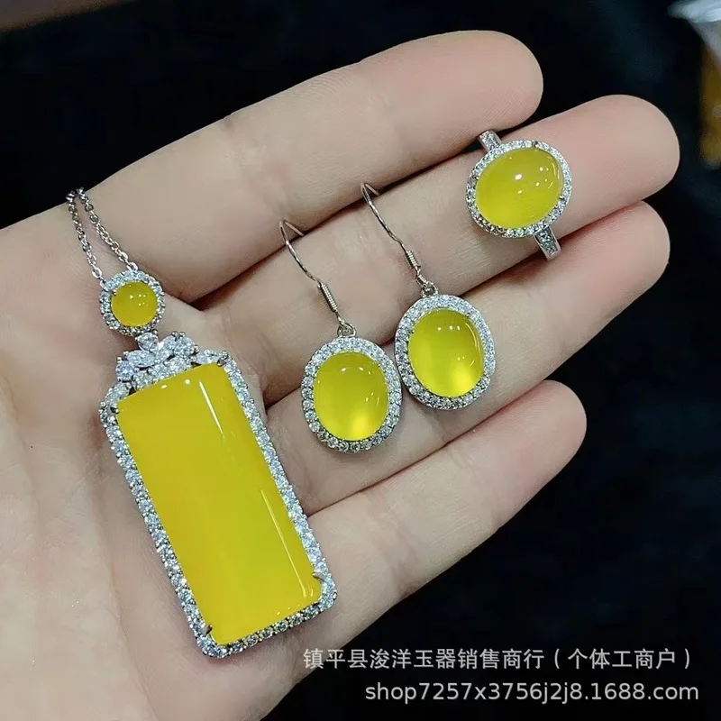 Silver-plated ice green chalcedony set: chalcedony pendant, ring, earrings, leaf-shaped water drop, 