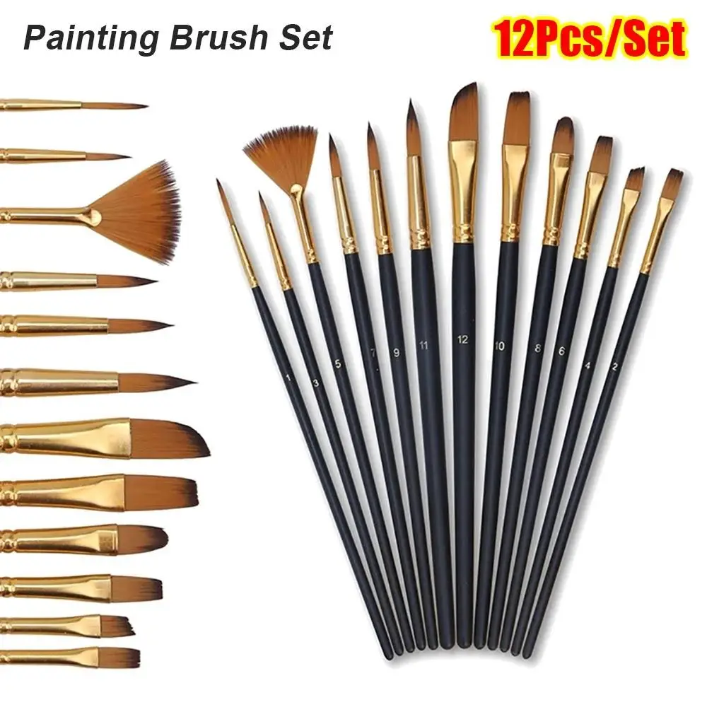 12 قطعة/المجموعة النايلون الشعر اللوحة فرشاة مجموعة مواد الاكريليك المائية الغواش النفط اللوحة فرشاة قصيرة الخشب قضيب متعدد الوظائف