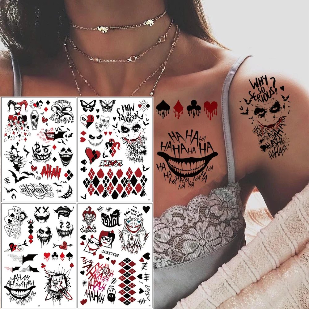 

4 Sheets Waterproof Halloween Temporary Tattoos for Men Women Bat Clown Fake Tattoo Stickers for Halloween Party Body Stickers
