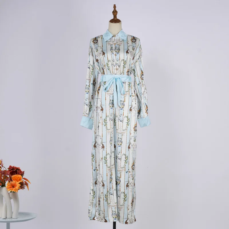 Faionable Loose Long Sve Printed Collar Set Women's Clothing Polyester Wide Leg Pants Gored Skirt Sle Casual Wear