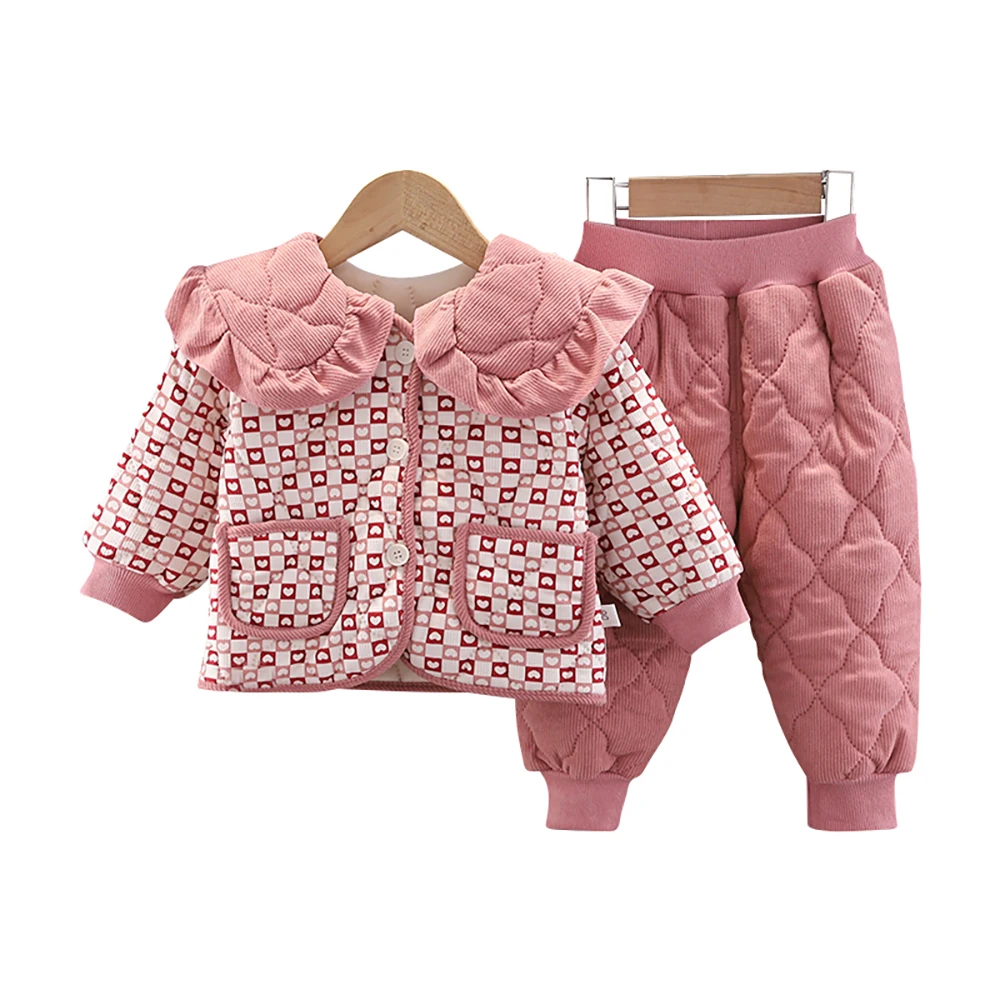 Infant Girls Cotton Padded Clothes Sets Winter Children Floral Print Turn-down Collar Warm Cotton Coats+Pants 2Pcs Kids Suit