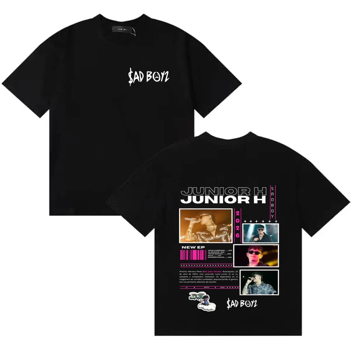 Camisetas Oversized Unissex Singer Junior H 2026 Sad Boyz com Estampa Gráfica Nova, Manga Curta Casual Anos 90, Estampa Dupla Face, Mais Vendidas