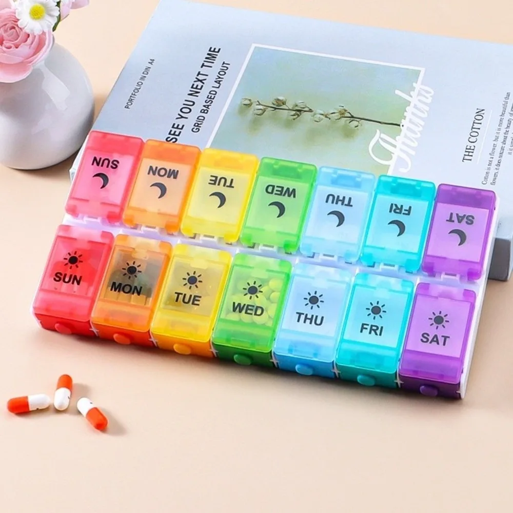 

Weekly Button-Press Lid Pill Box Portable Storage Travel Pill Cases Box 7 Days Pill Dispenser 14 Grids Pills Container
