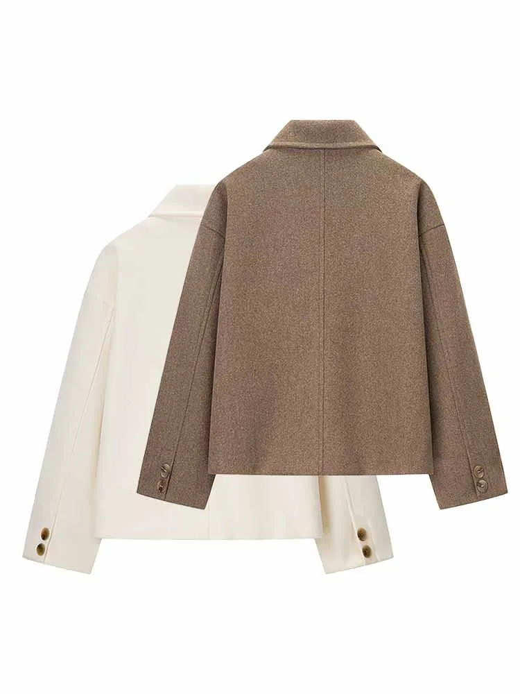 HH femme début du printemps mode manches longues couleur unie simple boutonnage revers ample court manteau femme décontracté Style de rue veste