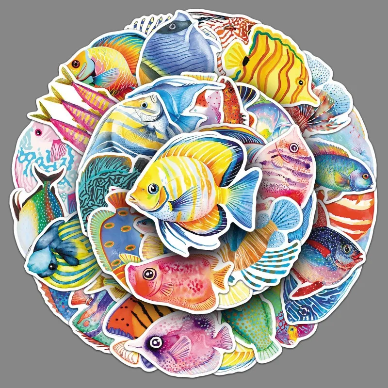 50 Stück Fisch-Graffiti-Cartoon-Meerestier-Aufkleber, wasserdicht, zur Dekoration von Notizbüchern, Handyhüllen und Isolierbechern