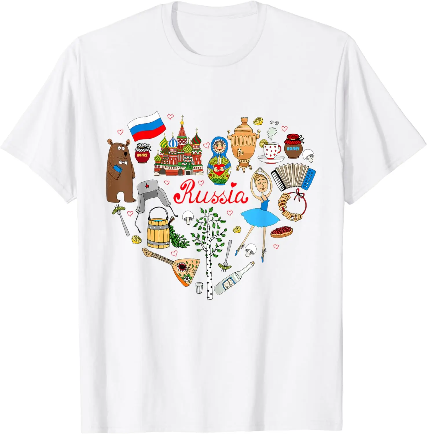 قميص نسائي أحب روسيا ، رموز روسية ، تي شيرت برسومات ، ملابس هدايا مضحكة ، قمم للنساء