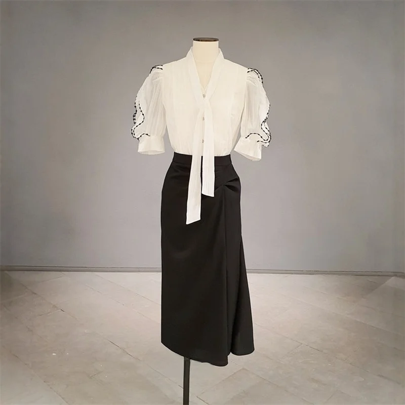 

Elegant Korean Style Shirt Summer Lightweight Breathable Bubble Sleeve Flowing Collar 5/4 Length Polyester Chiffon Women's Top
