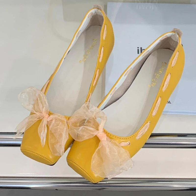 

Милые сетчатые туфли Мэри Джейн с узлом-бабочкой, женские модные балетки на плоской подошве с неглубоким квадратным носком, удобные нескользящие туфли на плоской подошве