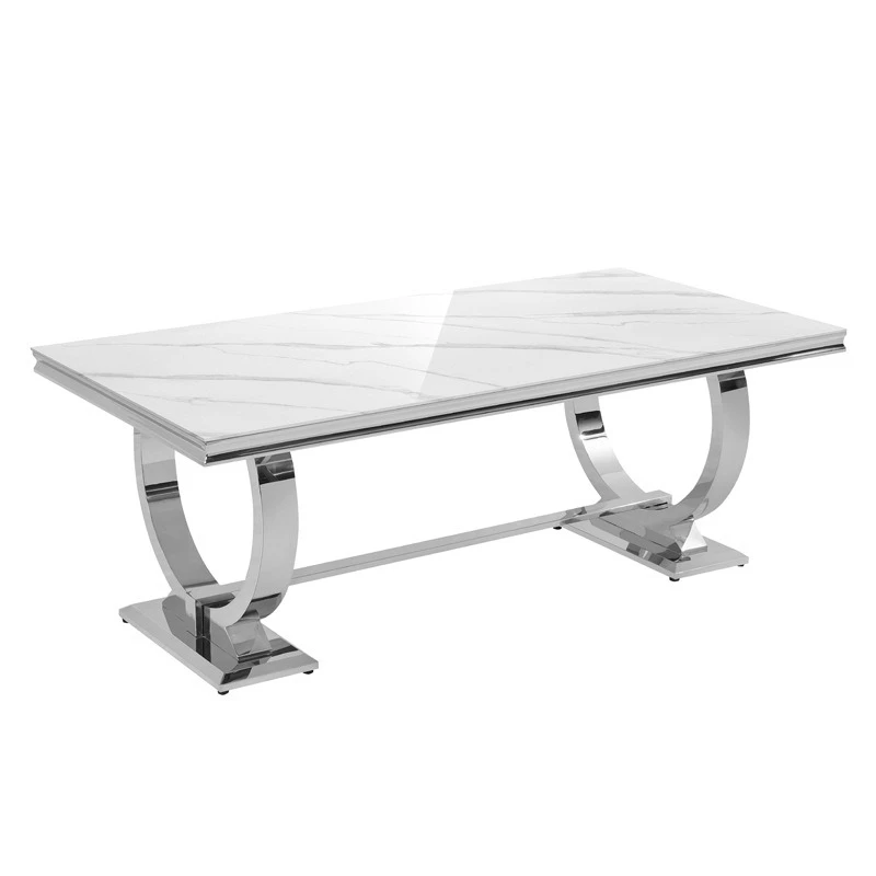 

Light luxury marble dining table household rectangular stainless steel living room 8 people long table dining table
