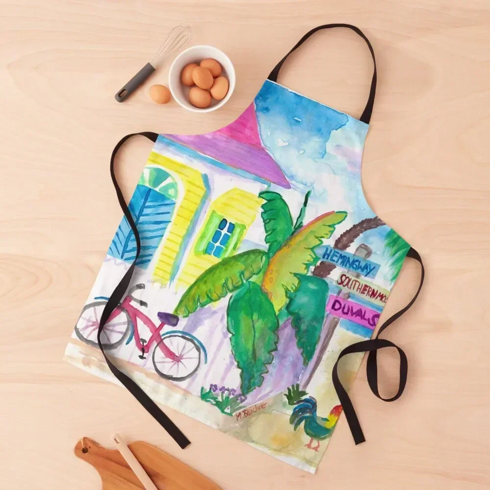 Yellow Conch House Tropical Street Scene With Bike and Rooster Apron Kitchen Things And For Home barber uniform Apron