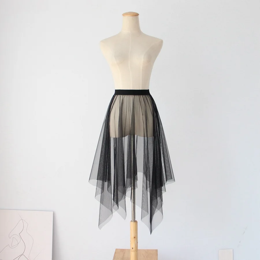 Black White Long Tulle Lace Mesh Skirt Women Petticoat Underskirt Summer Korean Irregular Cover Up Skirt Tutu Skirt For Girl