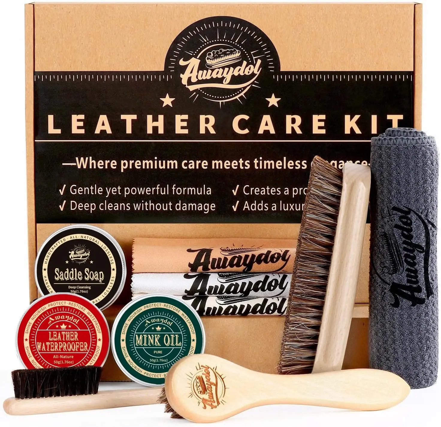 

10PCS Leather Boot Care Kit - Horsehair Brushes,Saddle Soap,Waterproofing Wax,Mink Oil, Polishing Cloth,Microfiber cloth, Shine