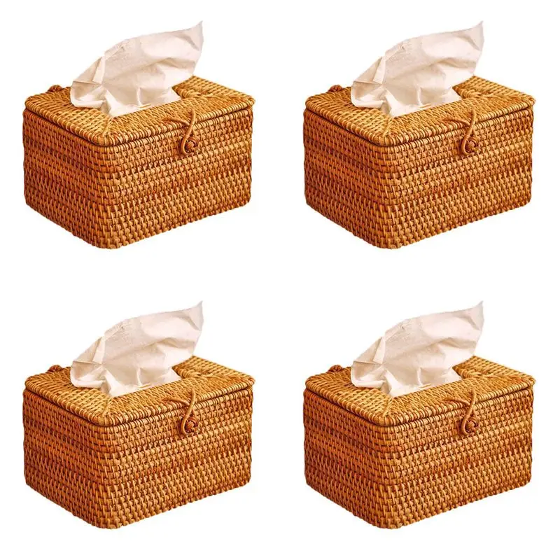 AA14 New 4X Rectangle Paper Rack Rattan Tissue Box Elegant Home Decoration Handmade Desktop Tissue Container Napkin Storage Case