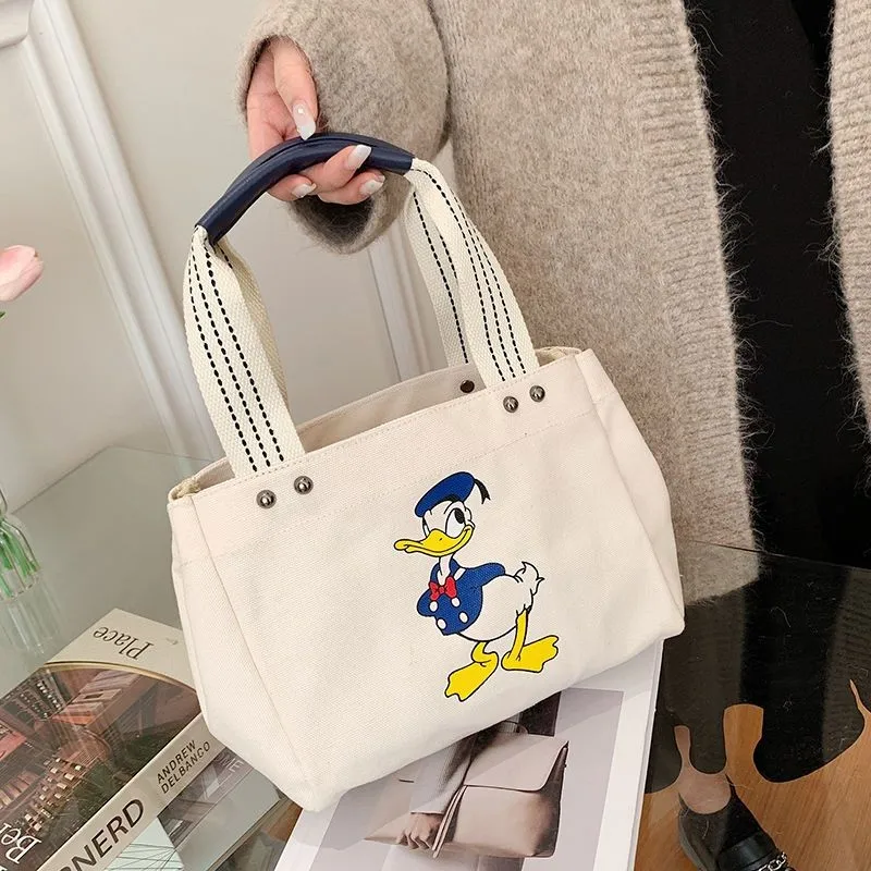 Donald Duck Canvas Bag Female Handbags New Style Simple Solid Color Cartoon Tote Mickey Print Fashion Casual All-match Cloth Bag