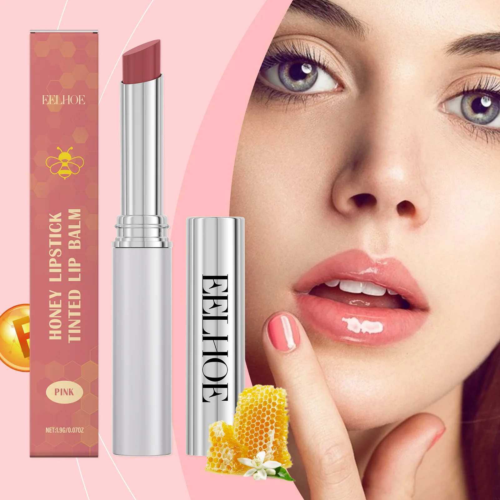 أحمر شفاه EELHOE Pink Honey - بلسم شفاه ملون مع العناية بالترطيب، لون وردي طبيعي، مكياج شفاه يدوم طويلاً
