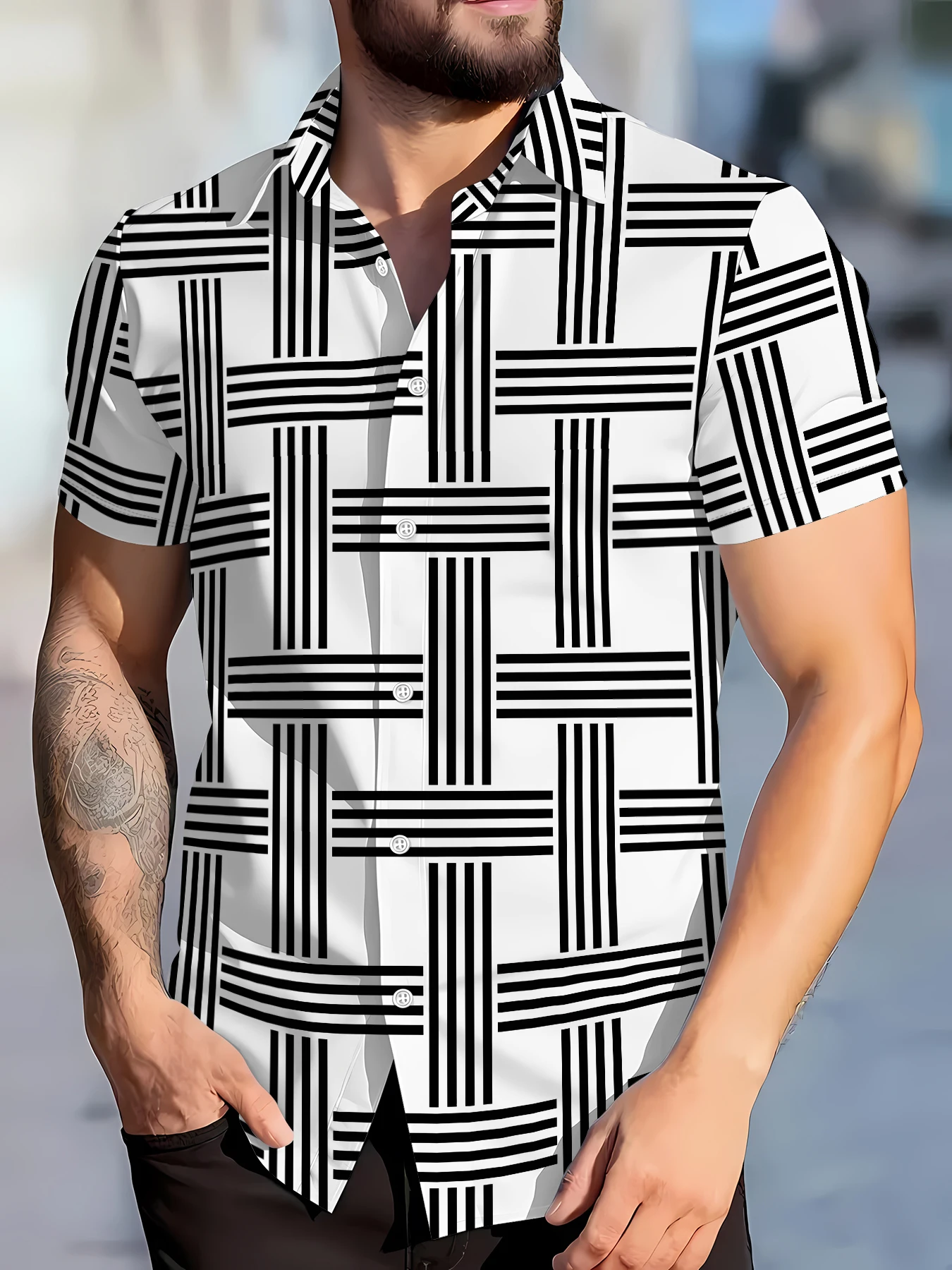 

2026 Summer New Style Men's Short-Sleeved Shirt with 3D Check Print for Street Casual Fashion Comfortable Soft Breathable