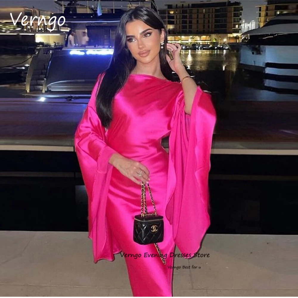 

Verngo Simple Fuschia Silk Satin Evening Party Dresses Saudi Arabic Lady Long SleeveNight Occasion Gowns Formal Prom Gowns Dubai