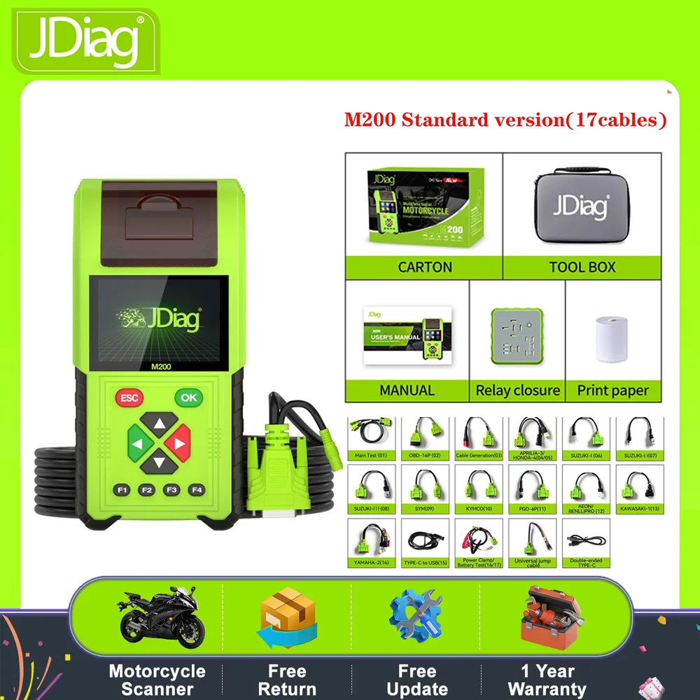 JDiag M200 Motorcycle Diagnostic OBD2 Scanner Moto Fault Code Reader Battery Tester Motoscan Tool For BMW Yamaha Kawasaki Honda