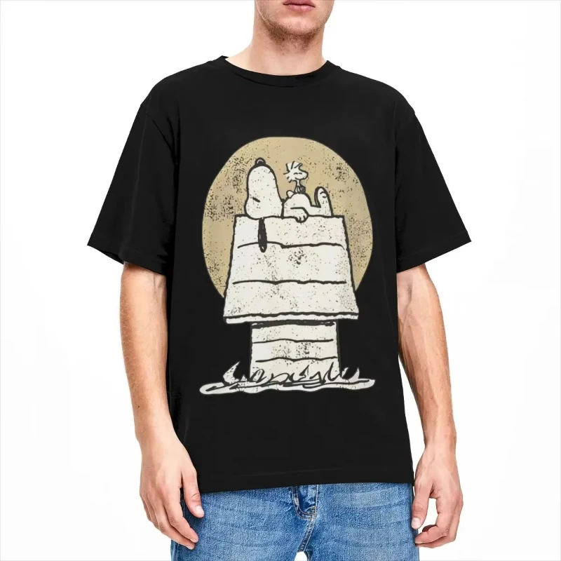 2025 Peanuts Snoopy Woodstock Doghouse T-shirt da uomo T-shirt in cotone estetico Estate traspirante Harajuku Tees Top oversize economici