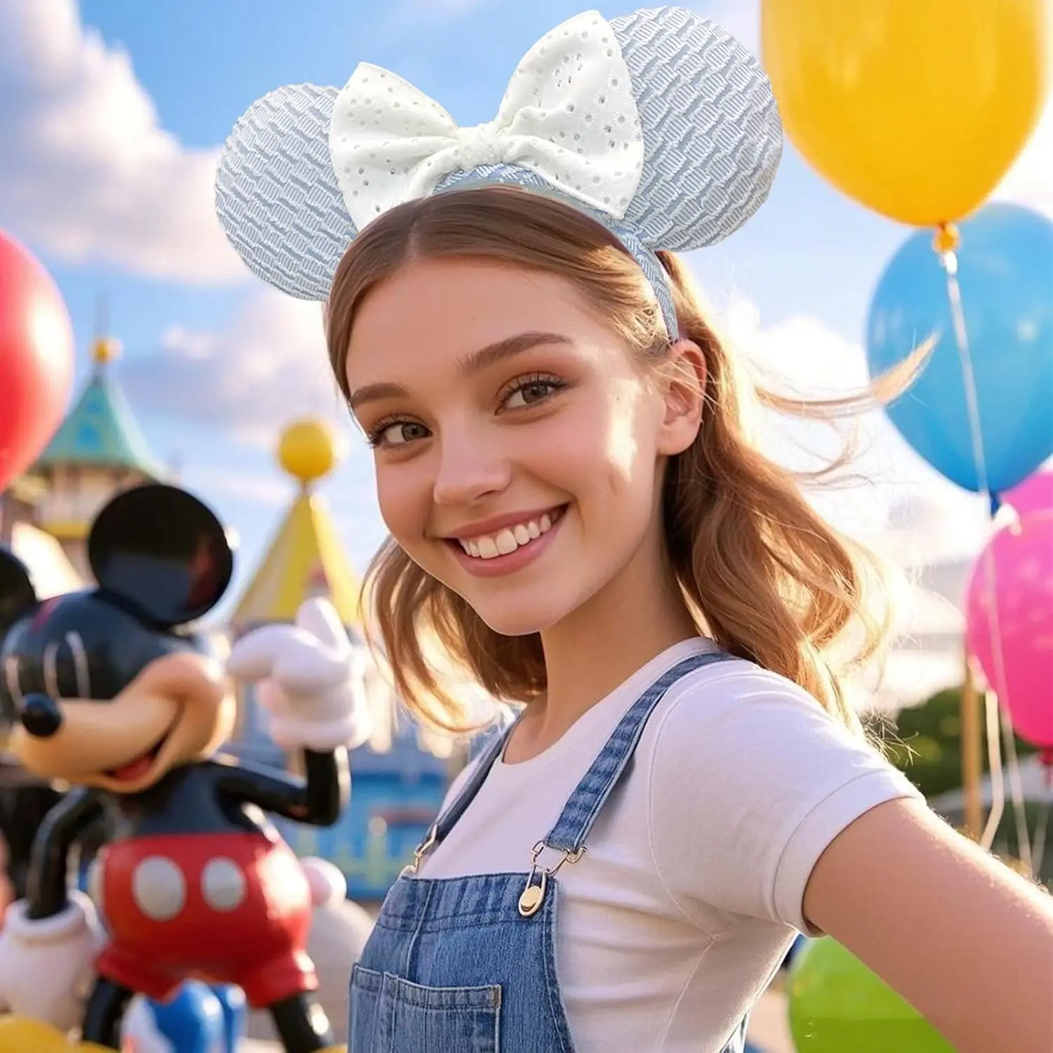 Mickey Mouse Ear Headbands White Bow Light Blue Hairbands Birthday Party Halloween Christmas Hair Accessories for Women Girl