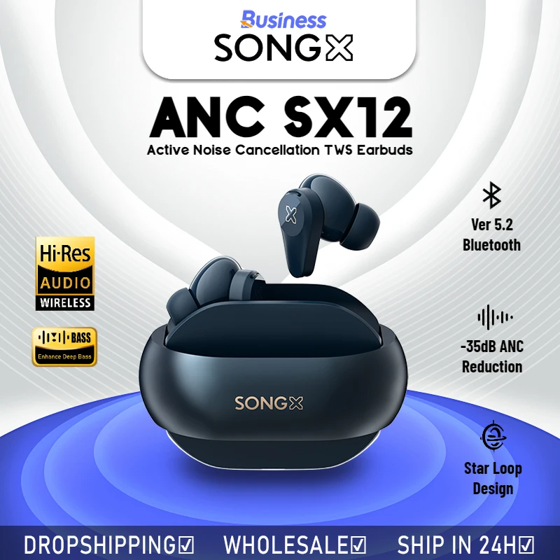 

SONGX SX12 -35dB ANC TWS Earbuds Active Noise Cancelling Bluetooth Earphones HD Clear Calls Wireless Headphones for IOS Android