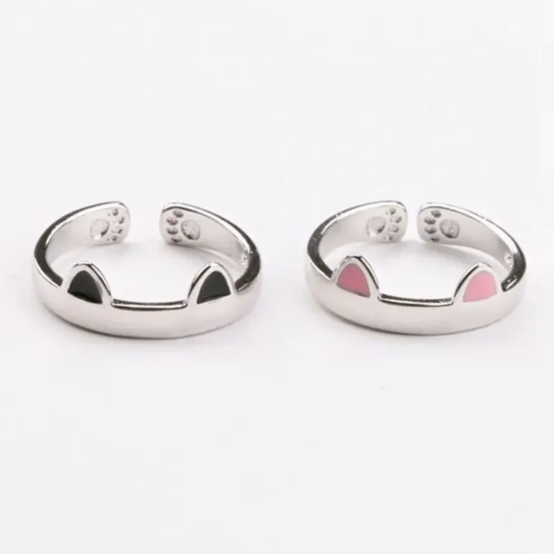 Adjustable Ring Gift Silver Pink Cat Earrings Open Design Fashion Jewelry Ring Women Girls Children Gift Cute