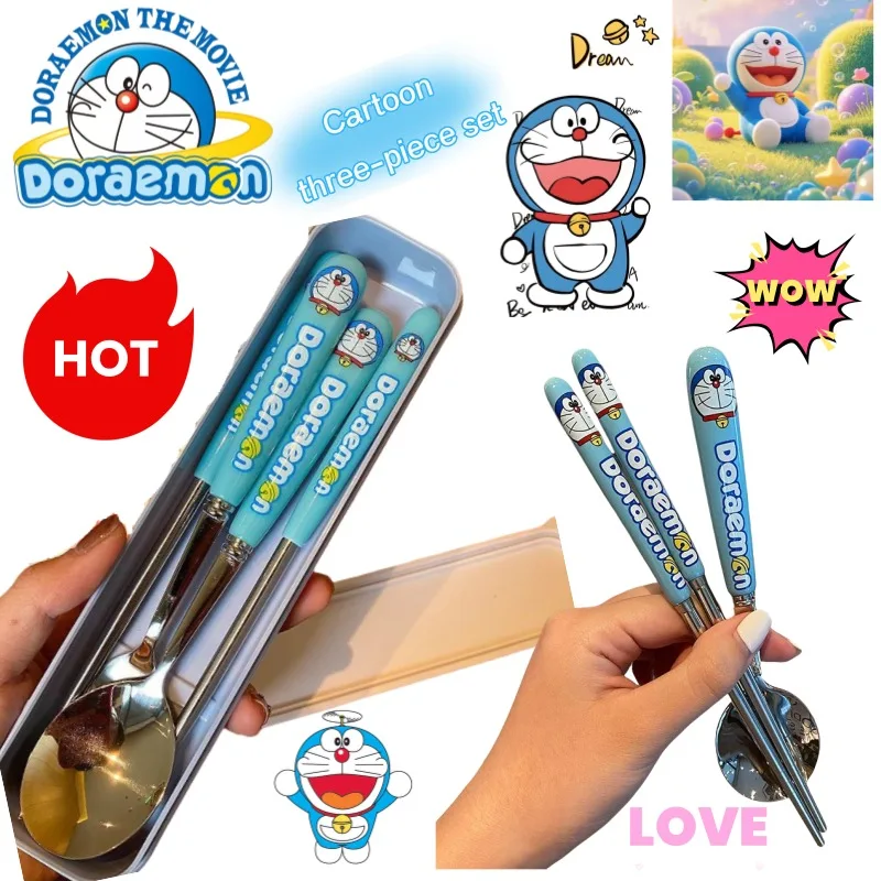Doraemon, nuevo y creativo de alto valor, cuchara de acero inoxidable, palillos, tenedor, juego de tres piezas, vajilla portátil de dibujos animados bonitos para estudiantes
