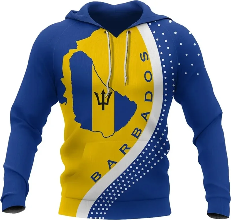 3D Barbados National Flag Prinitng Hoodies Barbados Coat Of Arms Emblem Graphic Hooded Sweatshirts Vintage Mens Pullovers Hoodie