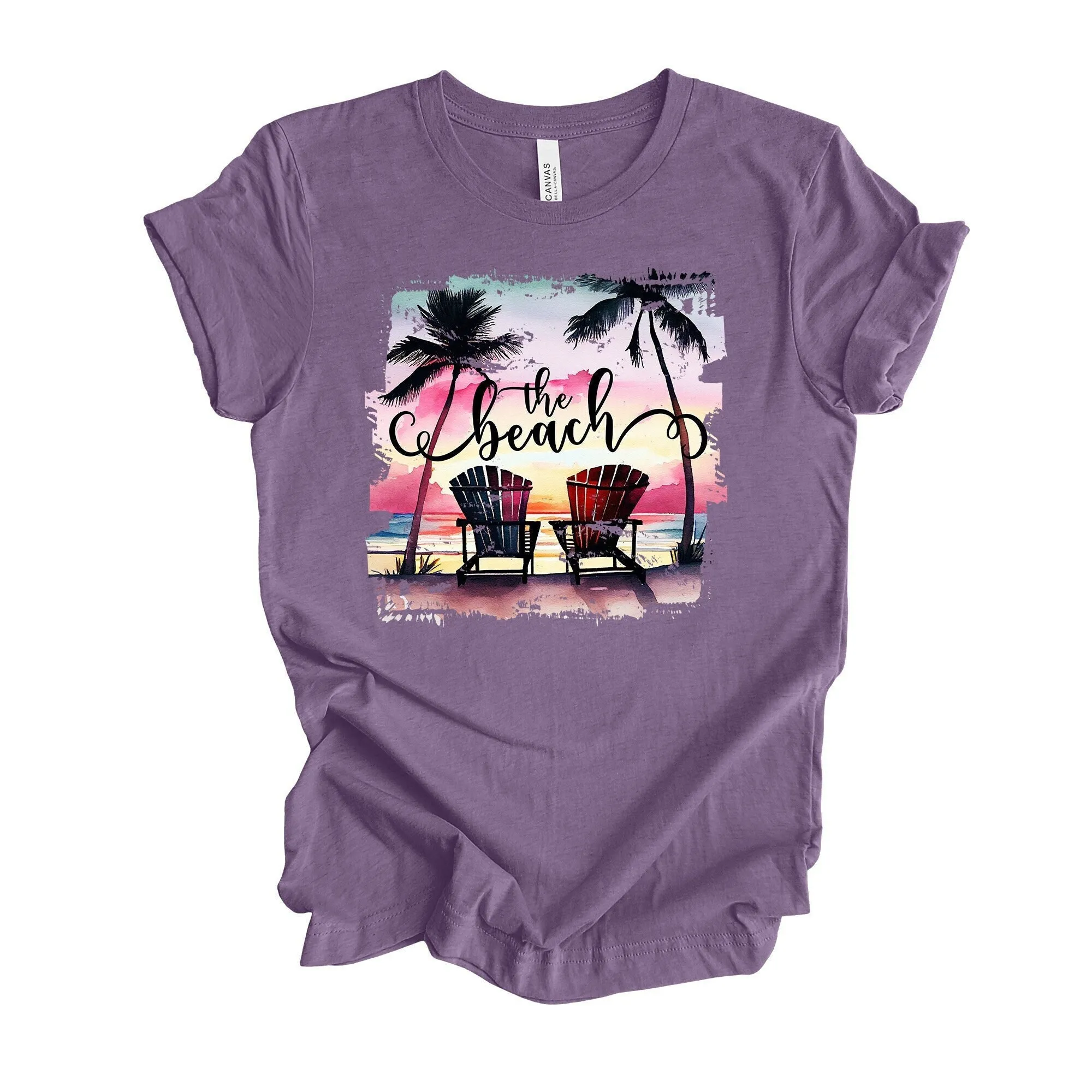 Beach Vacation T Shirt Beautiful Watercolor Sunset With Chairs Design Premium Unisex 3 Color Choices 3X 4X