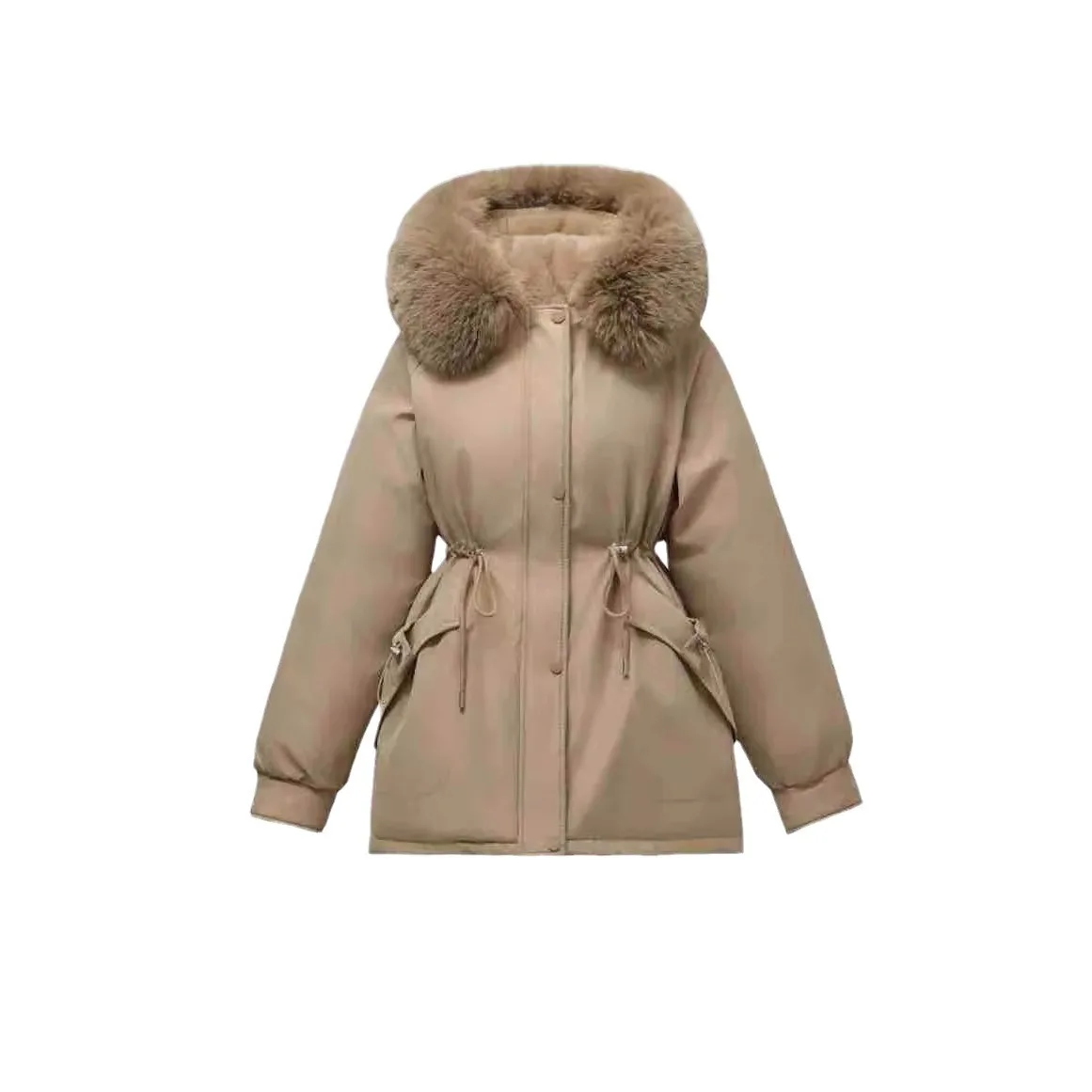 2024 Winter Women\'s Jacket Female Fur Collar Thicken Warm Cinching Parka Coats Women\'s 2 Pocket Drawstring Waist Cotton Jacket