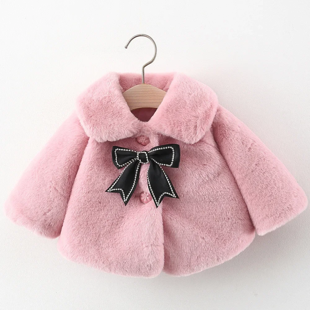 Girl\'S Winter Coat  Sweet Solid Color  Large Lapel Bow  Long Sleeved Warm Wool Sweater Suitable For Ages 0-3