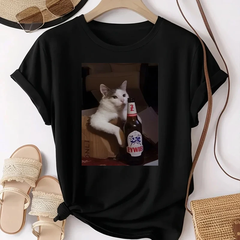 Men'S Summer Casual Round Neck T-Shirt Oversized with Adorable Cat Beer Bottle Print Soft Breathable Men's T-Shirt