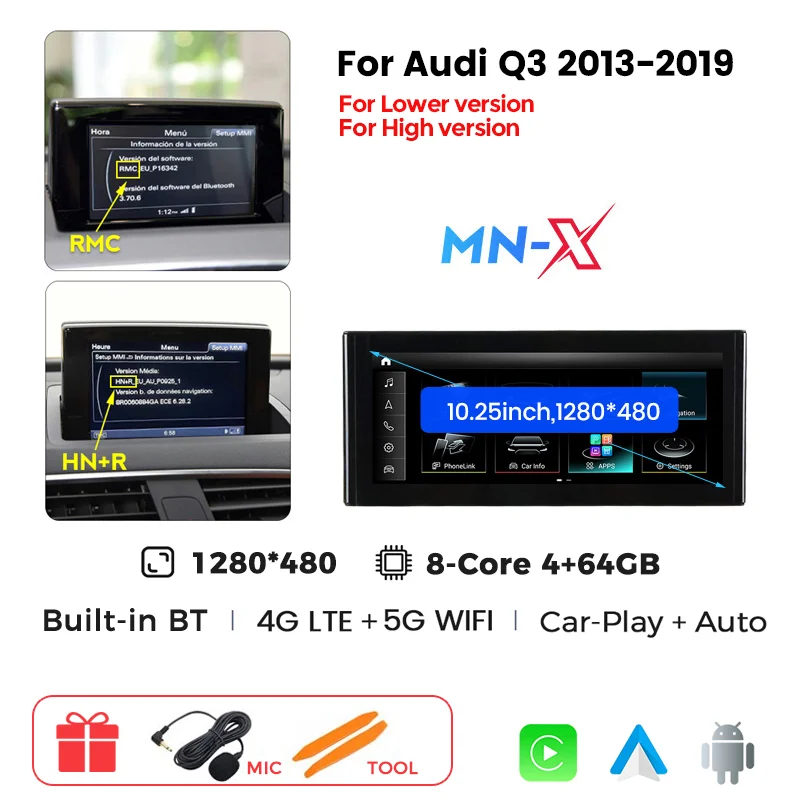 MEKEDE Android 14-stereo auto-smartsystem compatibel met Audi Q3 2013-2019 Draadloze CarPlay en draadloze Android Auto 4G WiFi GPS 10,25 inch multimedia videospeler achteruitkijkcameras