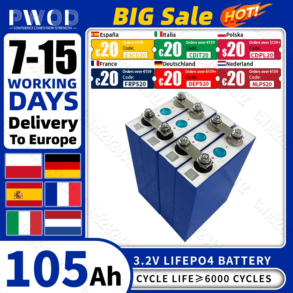 3.2V Lifepo4 Battery 105AH Brand New Lithium Iron Phosphate Cell DIY 12V 24V 48V for Camping Boat Golf Cart RV EV Forklift