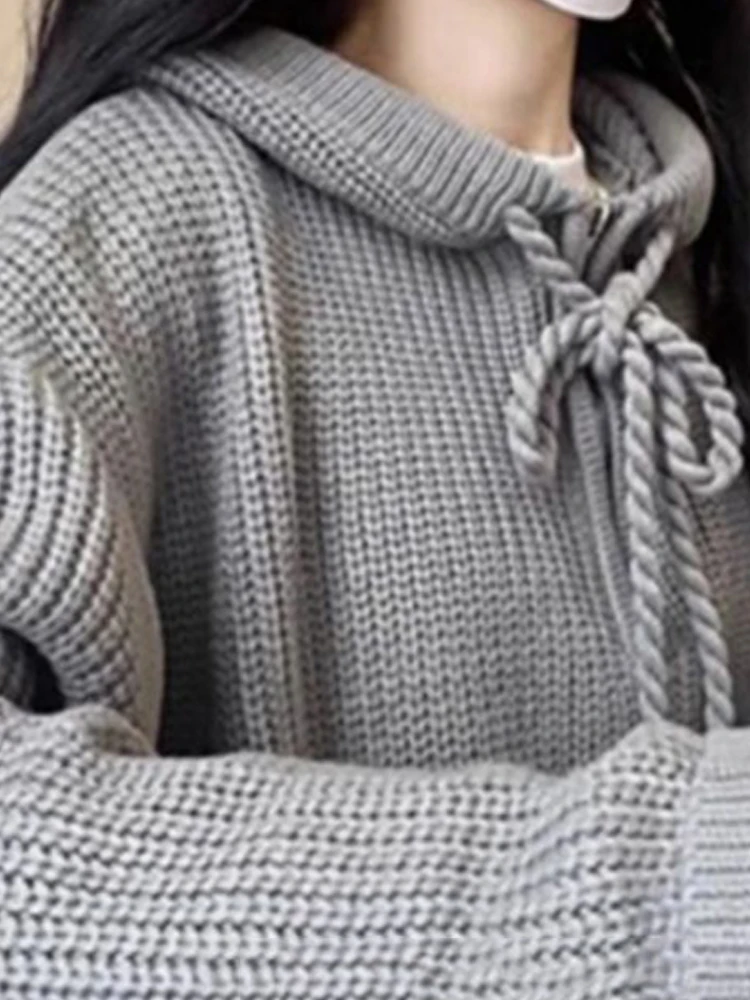 

Light gray knitted sweater 2025 autumn new hooded lace-up loose and lazy style long sleeved versatile sweater for women