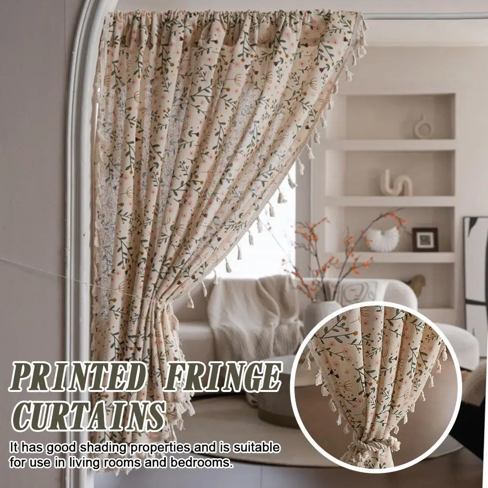 Polyester Cotton Printed Fringe Curtains Semi-Blackout Windows Curtains With Tassels Cotton Linen Curtains Panels For Bedroom