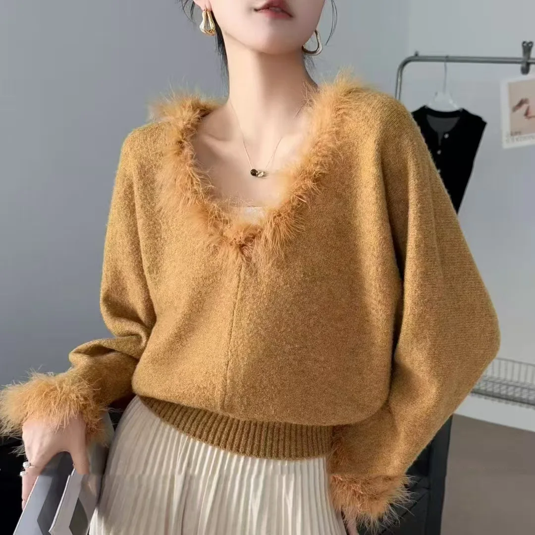 الخريف الشتاء سترة برقبة على شكل v للنساء الربط حافة شعر تصميم عصري جديد قصير نمط الراقية محبوك بلون علوي #3