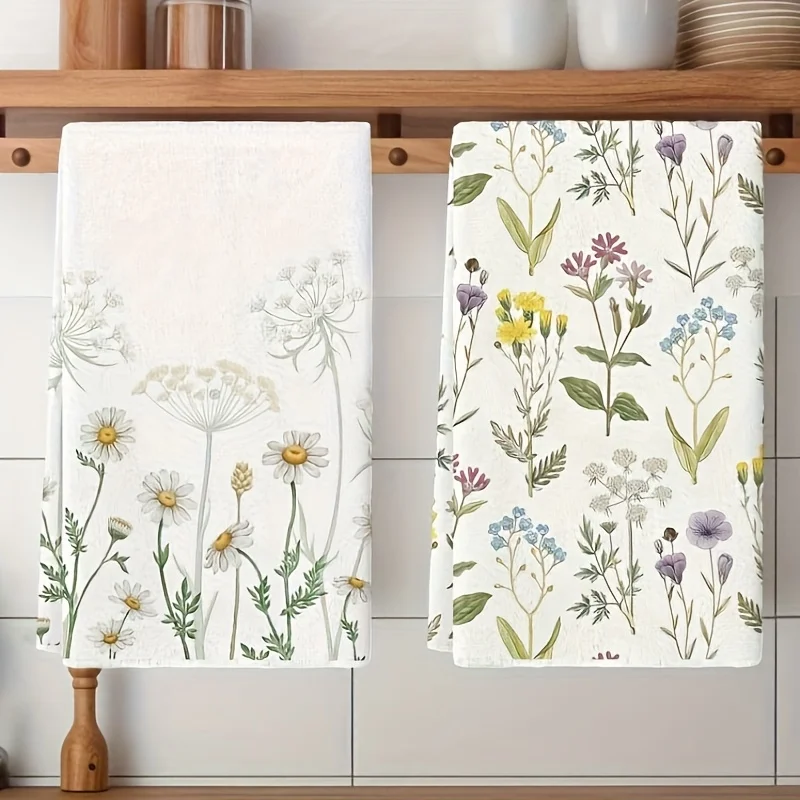 2Pcs, kitchen tool towel, kitchen rag, polyester hand towel, with flower pattern, super soft woven dishcloth.