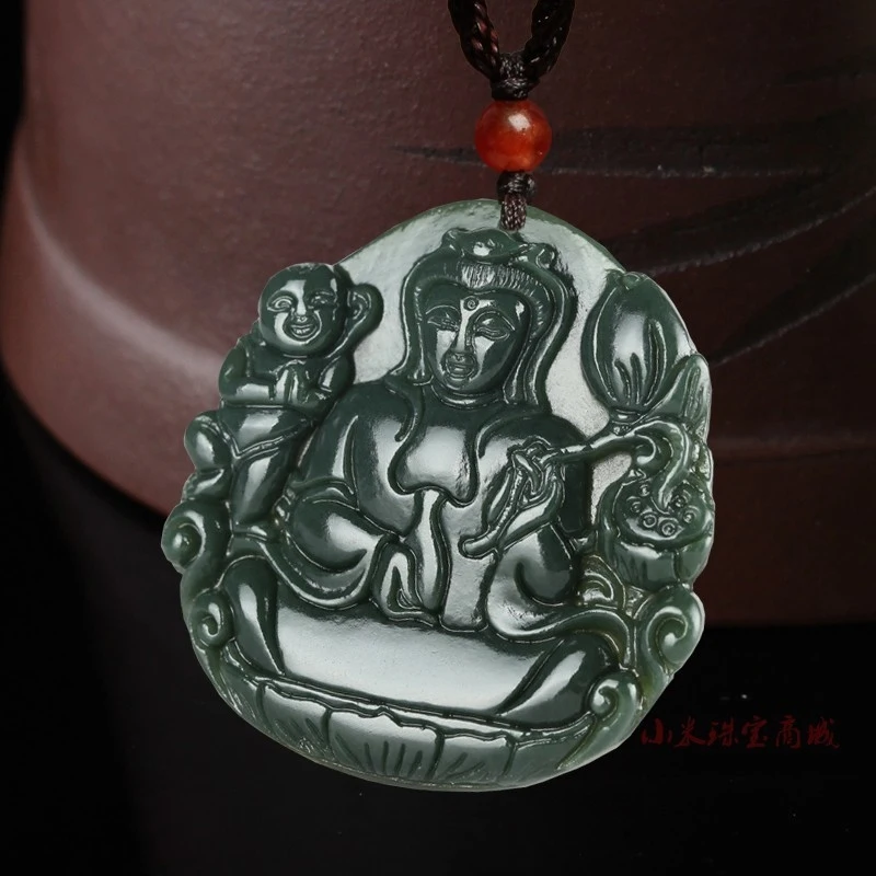 

, , Hotan Green Jade Guan Yin Bodhisattva Giving Child Pendant