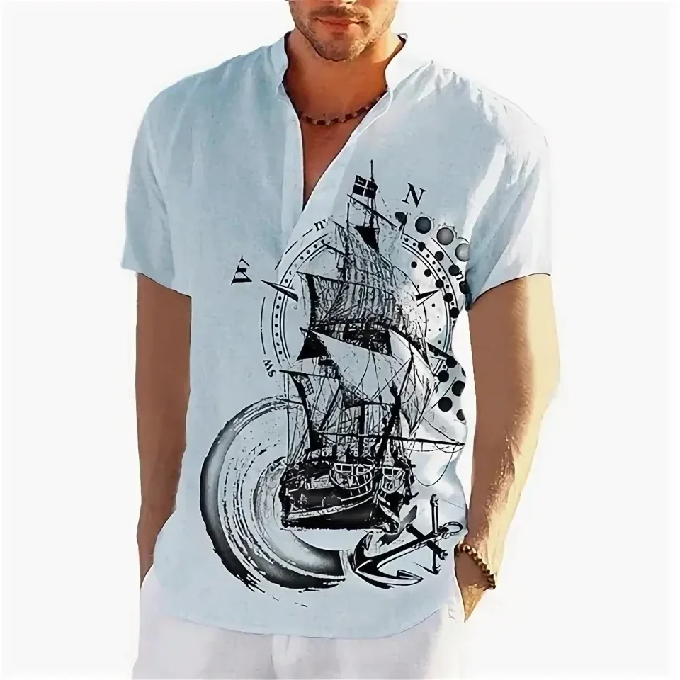 

Sailing Boat Anchor Simple Commuting Work Style Top 2024 Summer New Top Casual Loose Standing Collar Shirt Short Sleeved