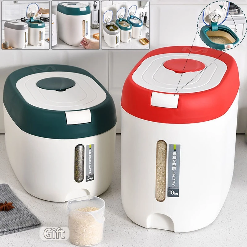 

Rice Bucket Grains Storage Box with Measuring Cup Press Seal Moisture-proof Rice Bucket Kitchen Storage Box Boîte De Rangement