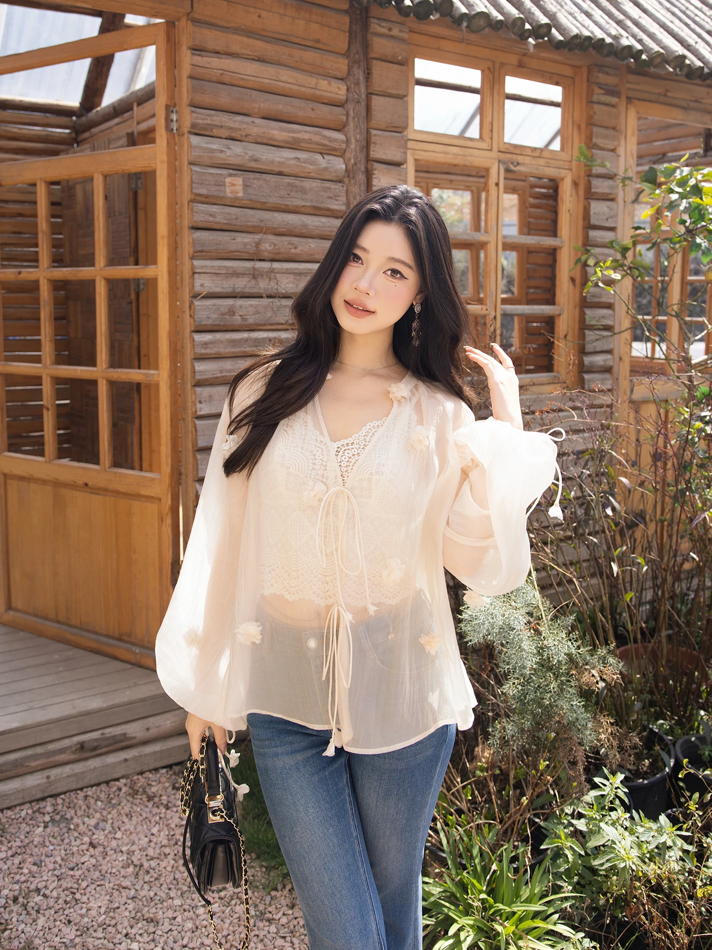 

Уникальный модный топ-накидка с ароматом парфюма от Lao Yang, весна 2026, приталенный, универсальный, с длинным рукавом, V-образным вырезом, повседневный, из полиэстера, B...