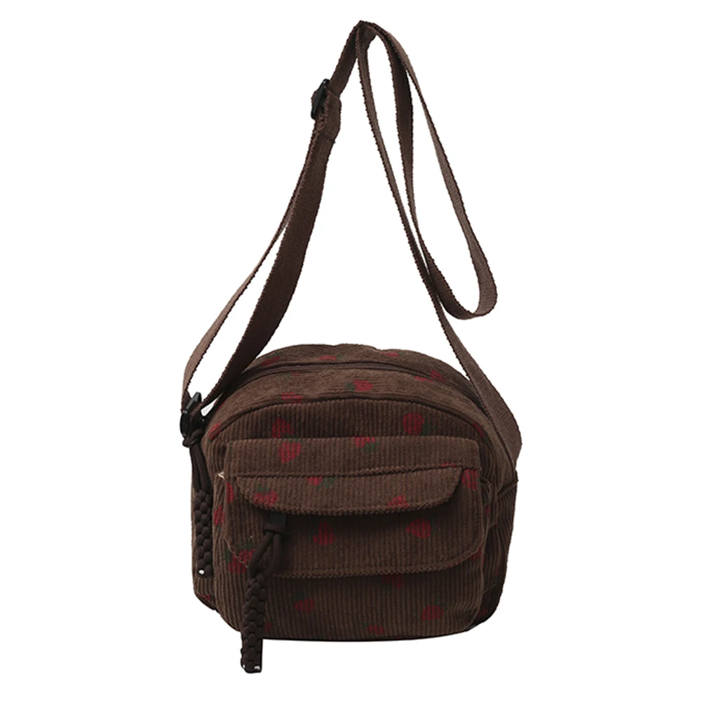 Cute Strawberry Shoulder Bag Corduroy Messenger Bag Casual Zipper Tote Handbag for Women Girls Travel Work